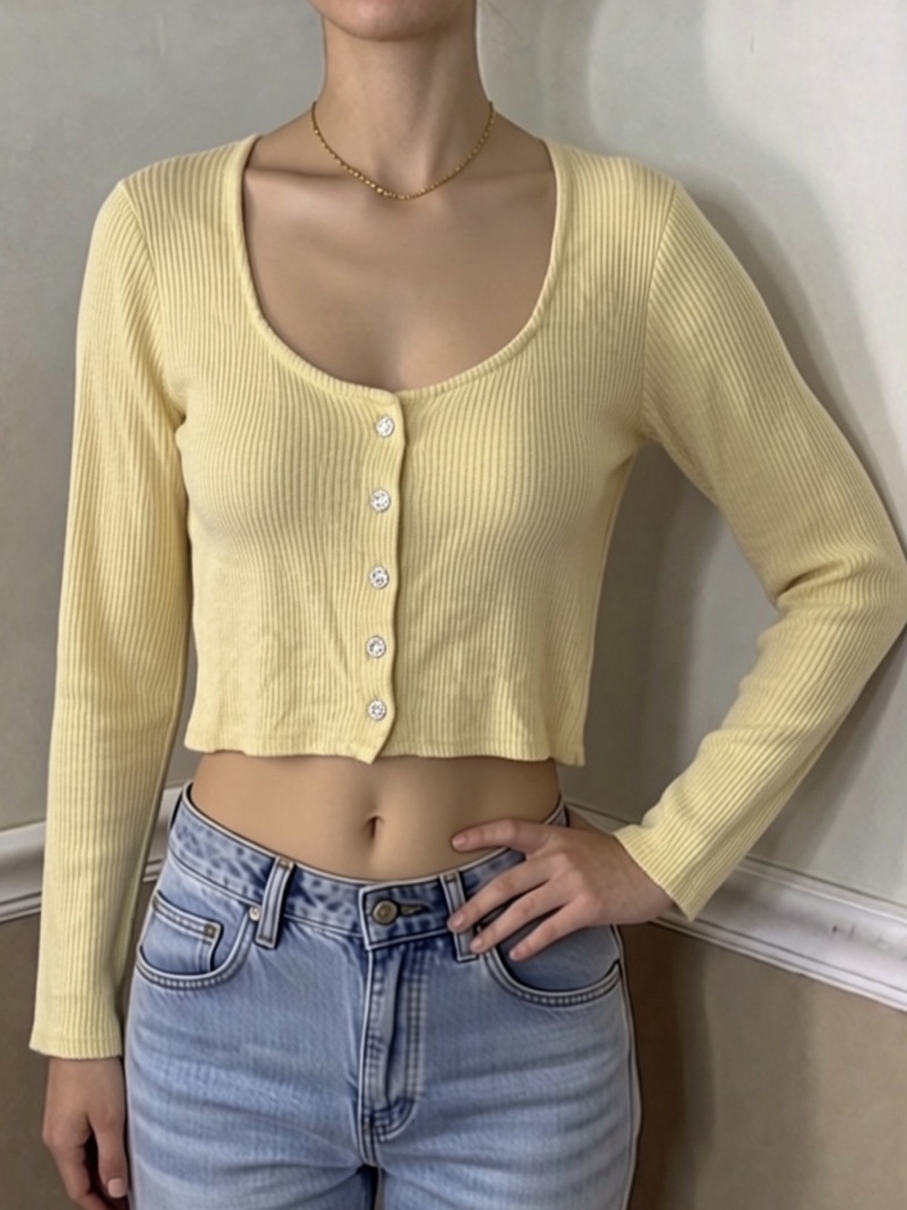 🤍 5 for $20! NWT Liberty Love Pale Yellow Ribbed Button-Front Crop Top